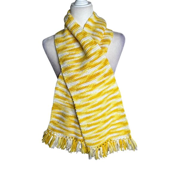 Handmade Yellow White Crochet Knit Striped Scarf With Fringe - Picture 1 of 3